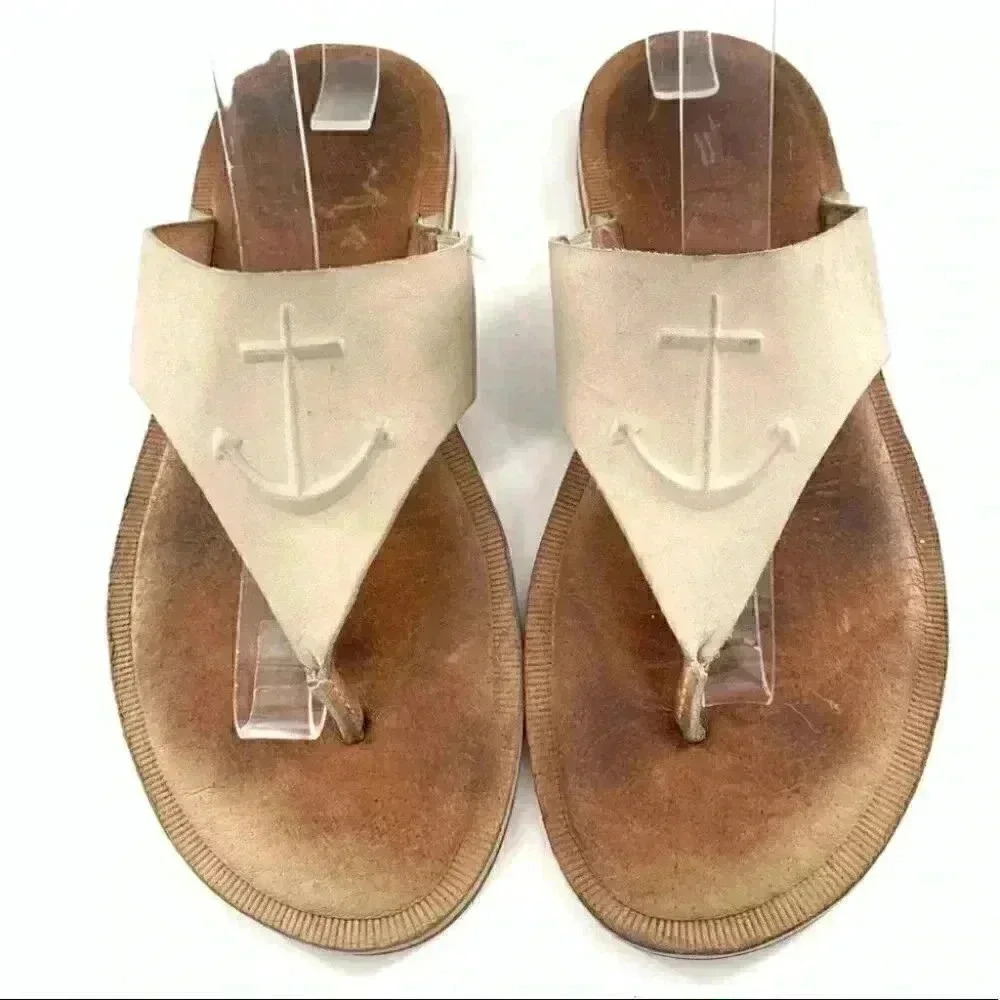 Sperry sandals 6 36 beige leather anchor nautical flip flops coastalgranny